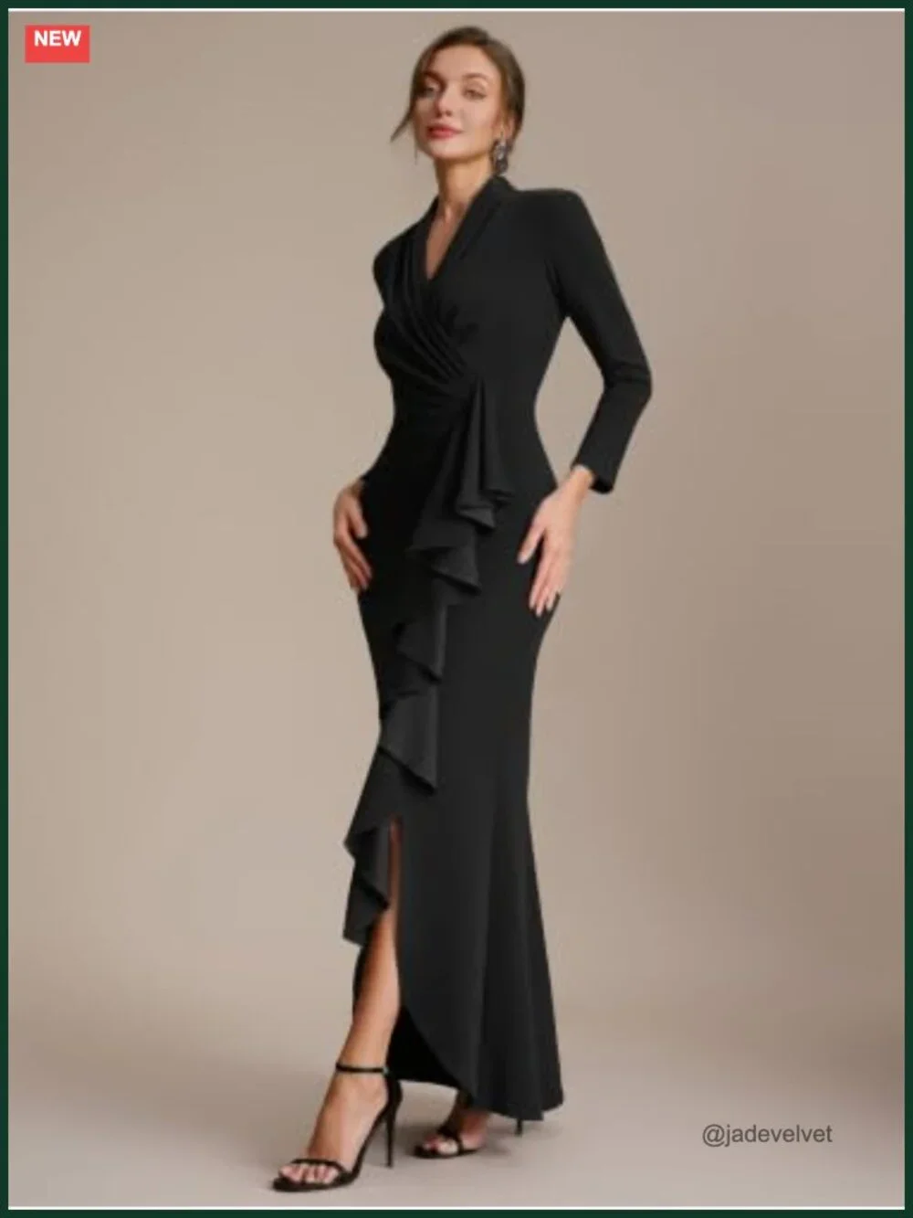V-Neck Long Sleeve High Low Bodycon Crepe Evening Gown Formal Dress